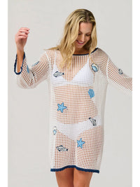 White Crochet Mesh Beach Cover Up with Blue Trim and Sea Life Embroidery
