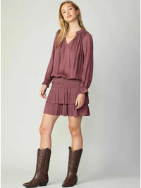 Rose Pink Pleated Tiered Mini Dress with Smocked Waist and Long Sleeves