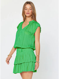 Green Satin Ruffle Sleeve Tiered Mini Dress with Smocked Waist