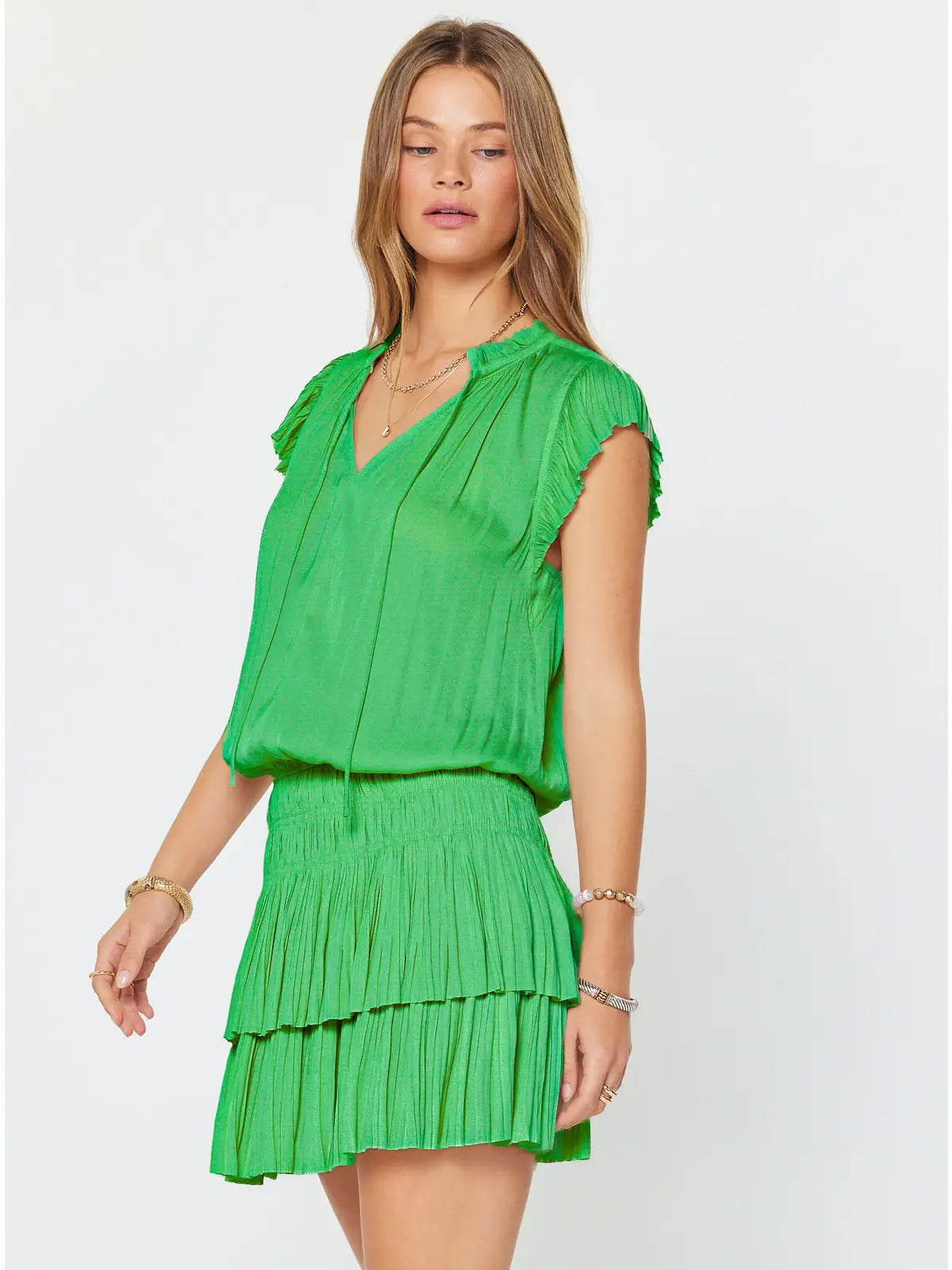 Green Satin Ruffle Sleeve Tiered Mini Dress with Smocked Waist