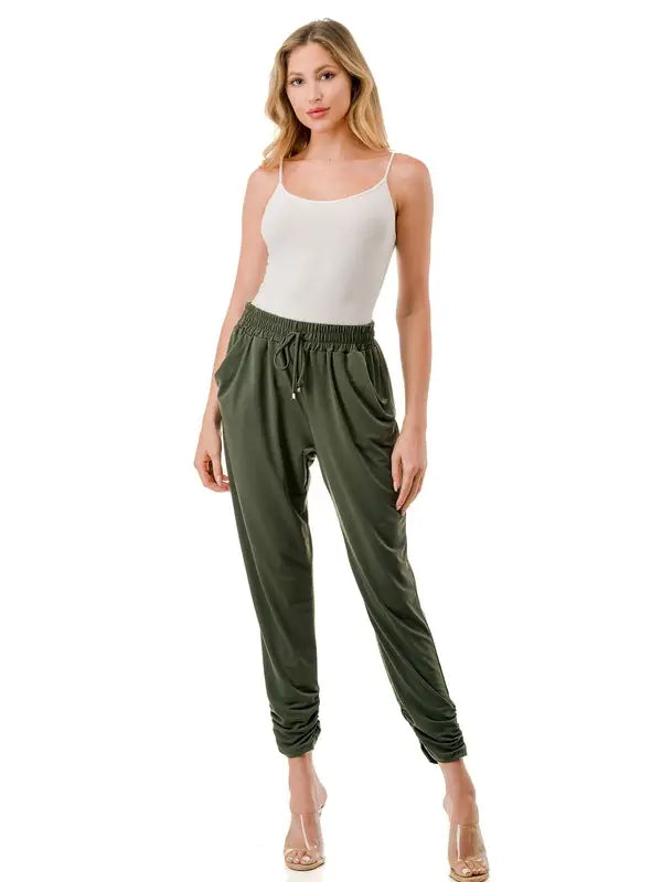 Green Drawstring Waist Jogger Pants with Tapered Leg