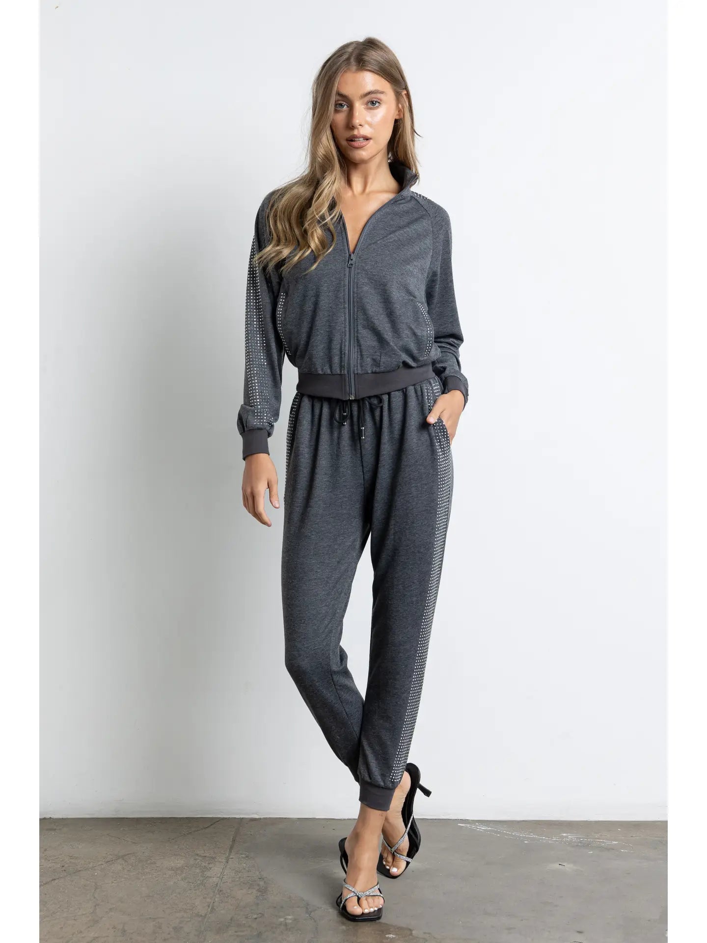 Charcoal Rhinestone Stripe Zip-Up Jacket & Jogger Set
