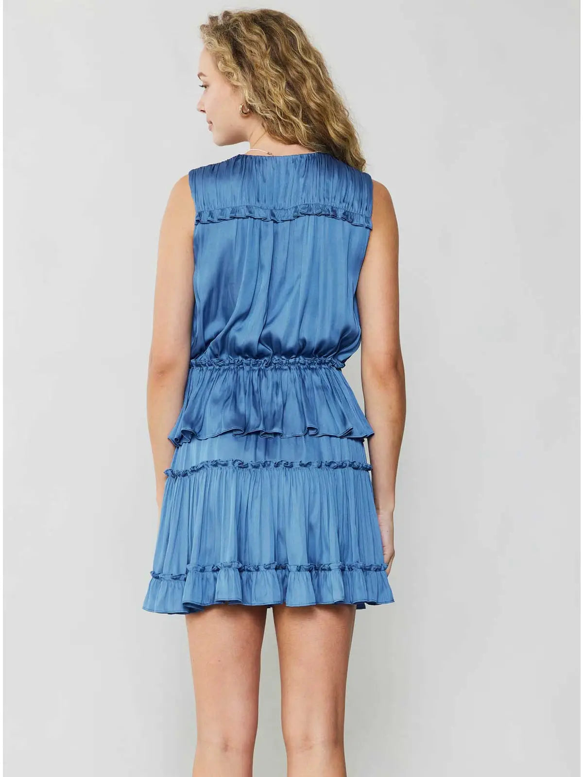 Blue Sleeveless Tiered Mini Dress with Ruffle Trim