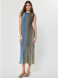 Colorblock Stripe Sleeveless Knit Midi Dress with Waist Tie
