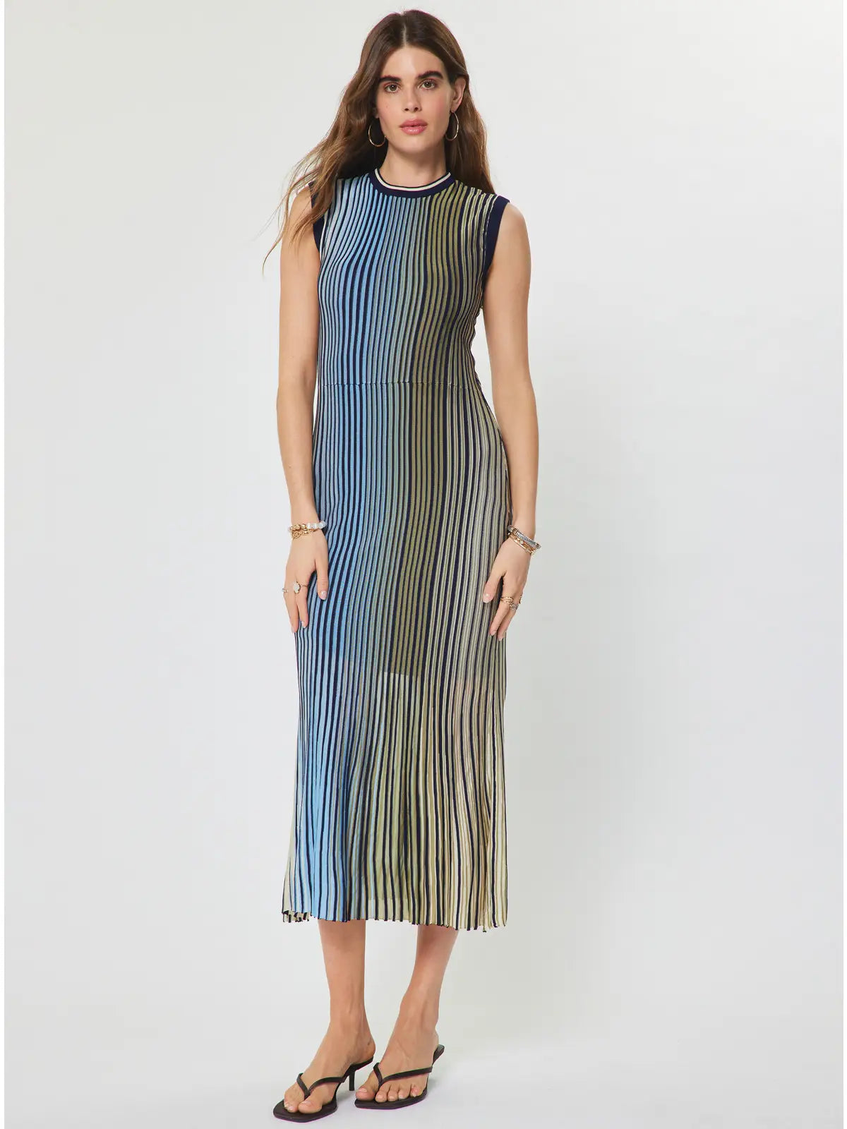 Colorblock Stripe Sleeveless Knit Midi Dress with Waist Tie