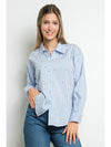 Blue Striped Button Down Shirt with Pearl Embellishments