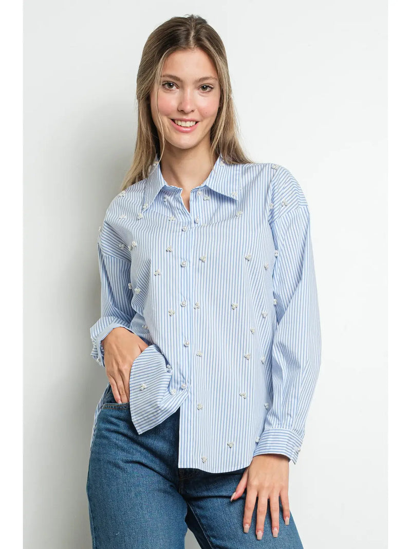 Blue Striped Button Down Shirt with Pearl Embellishments
