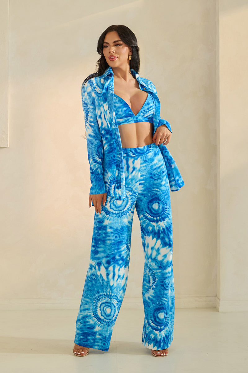 Blue Tie-Dye 3-Piece Wide-Leg Pant Set