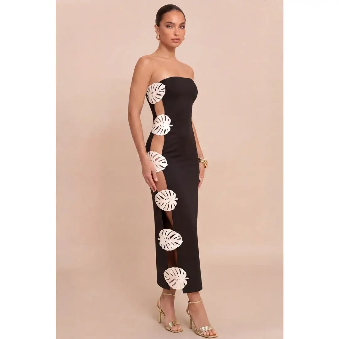 Black Strapless Cutout Floral Appliqué Maxi Dress