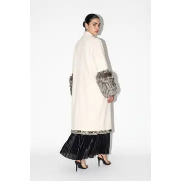 Vegan Fur Cuff Embroidered Open-Front Duster Coat