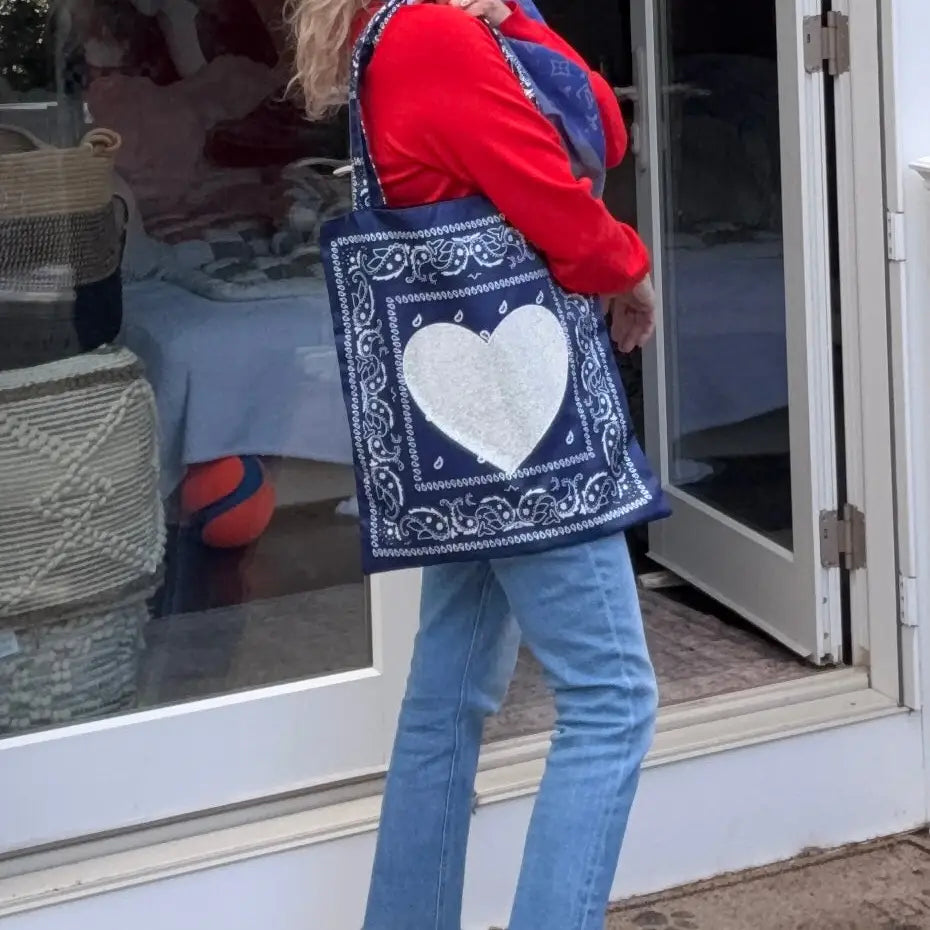 Bandana Print Canvas Tote Bag with Heart Graphic Casual Everyday Shopper