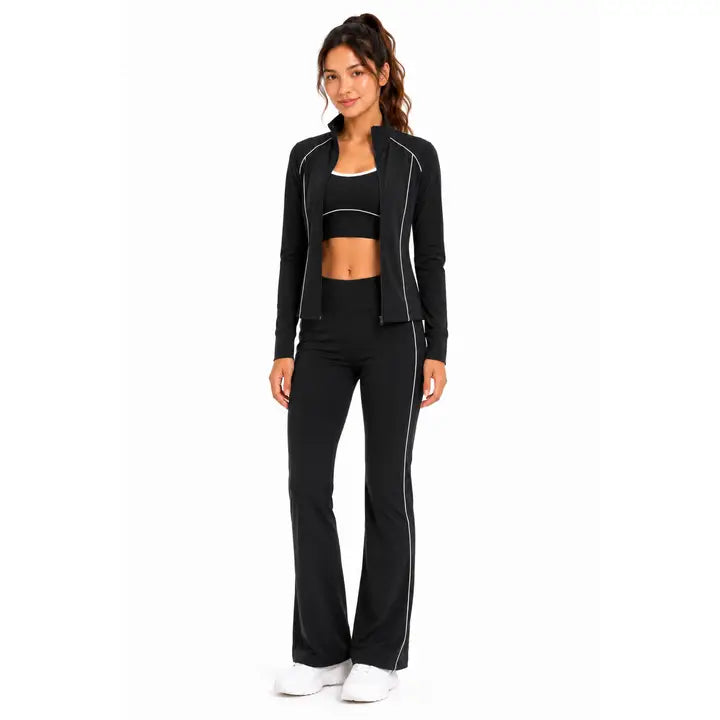 Black Contrast Stitch Zip-Up Jacket and Flare Leggings Active Set