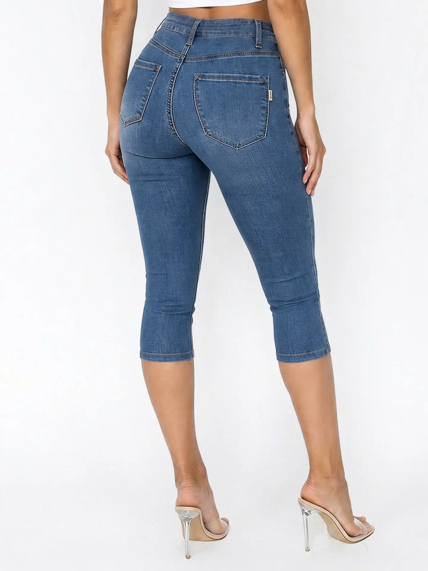 Classic Blue High Waisted Capri Denim Pants with Stretch Fit