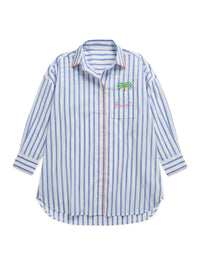 Blue & White Striped Beach Embroidered Oversized Button-Down Shirt Cover-Up