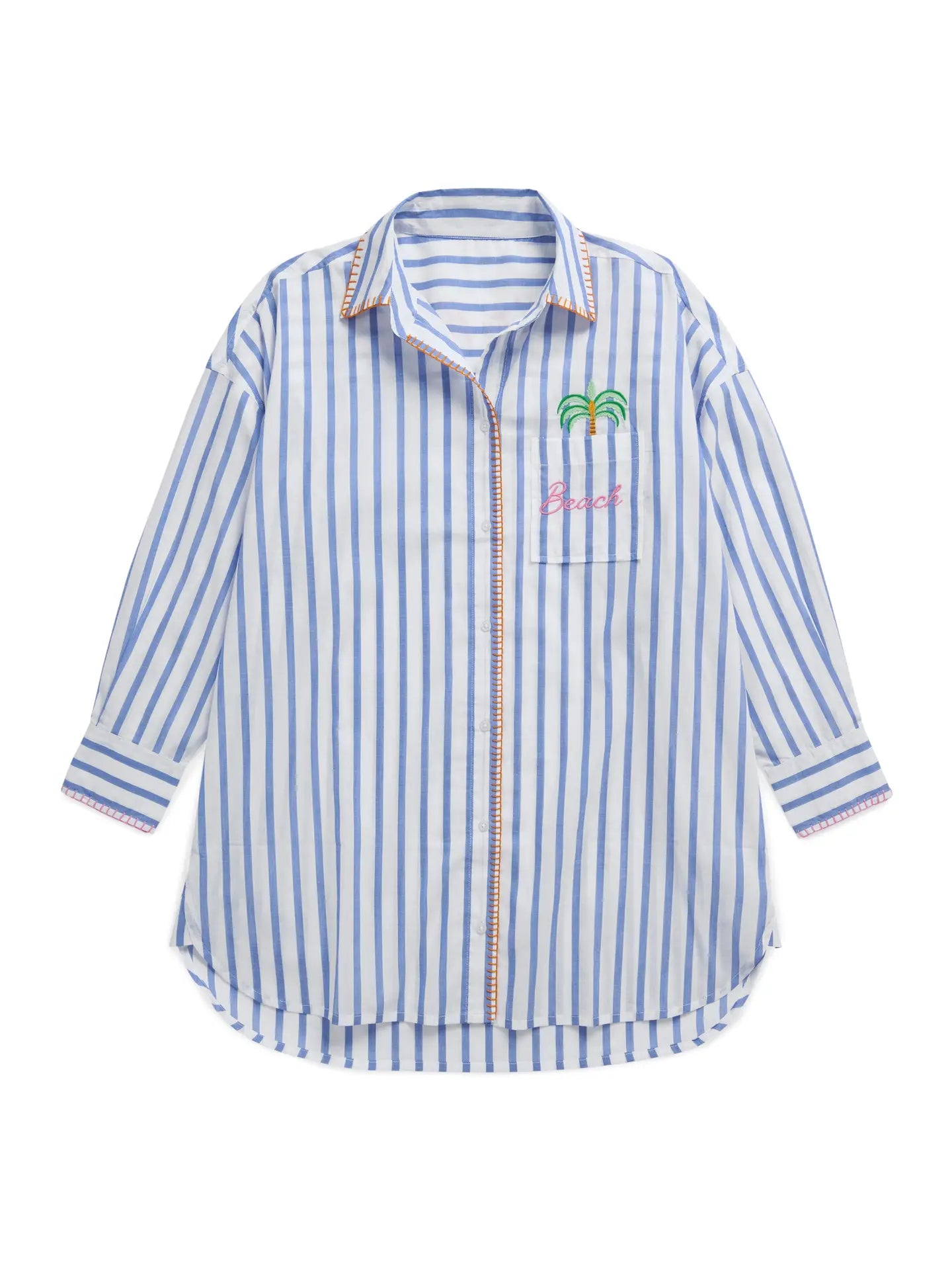 Blue & White Striped Beach Embroidered Oversized Button-Down Shirt Cover-Up