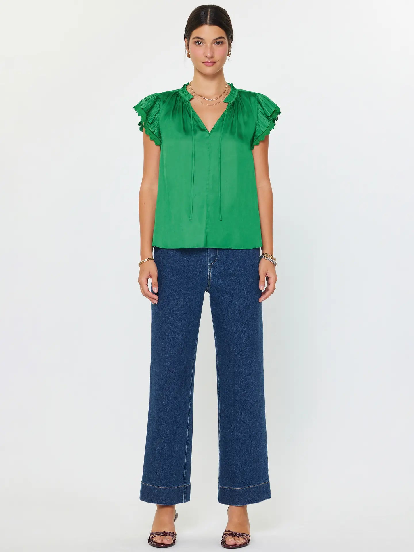 Emerald Green Ruffle Sleeve V-Neck Blouse