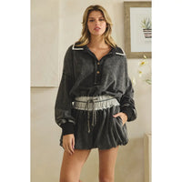Washed Charcoal Henley Style Bubble Hem Romper