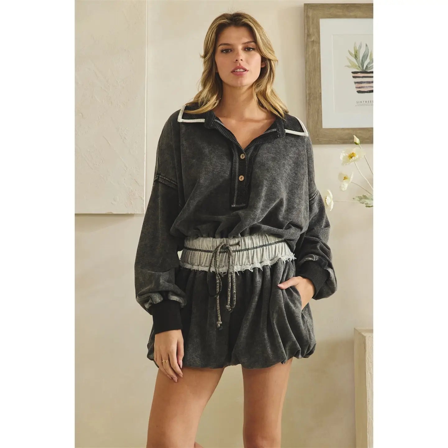 Washed Charcoal Henley Style Bubble Hem Romper