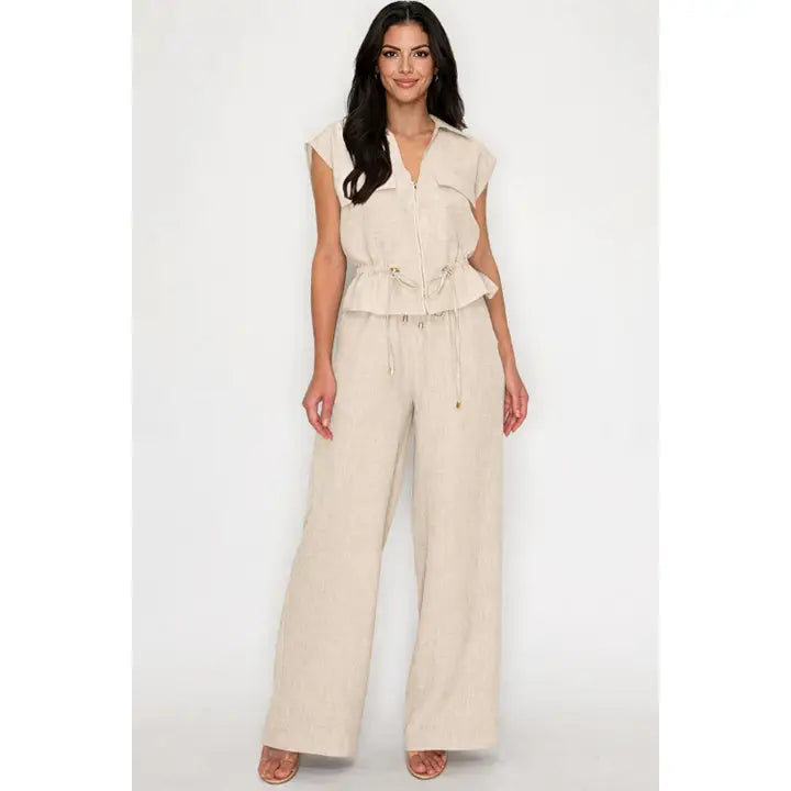 White Sleeveless Drawstring Top & Wide Leg Pants Set