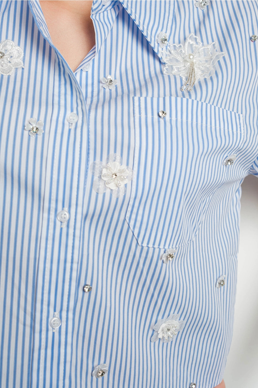 Blue Stripe Embellished Floral Applique Cropped Button Down Shirt