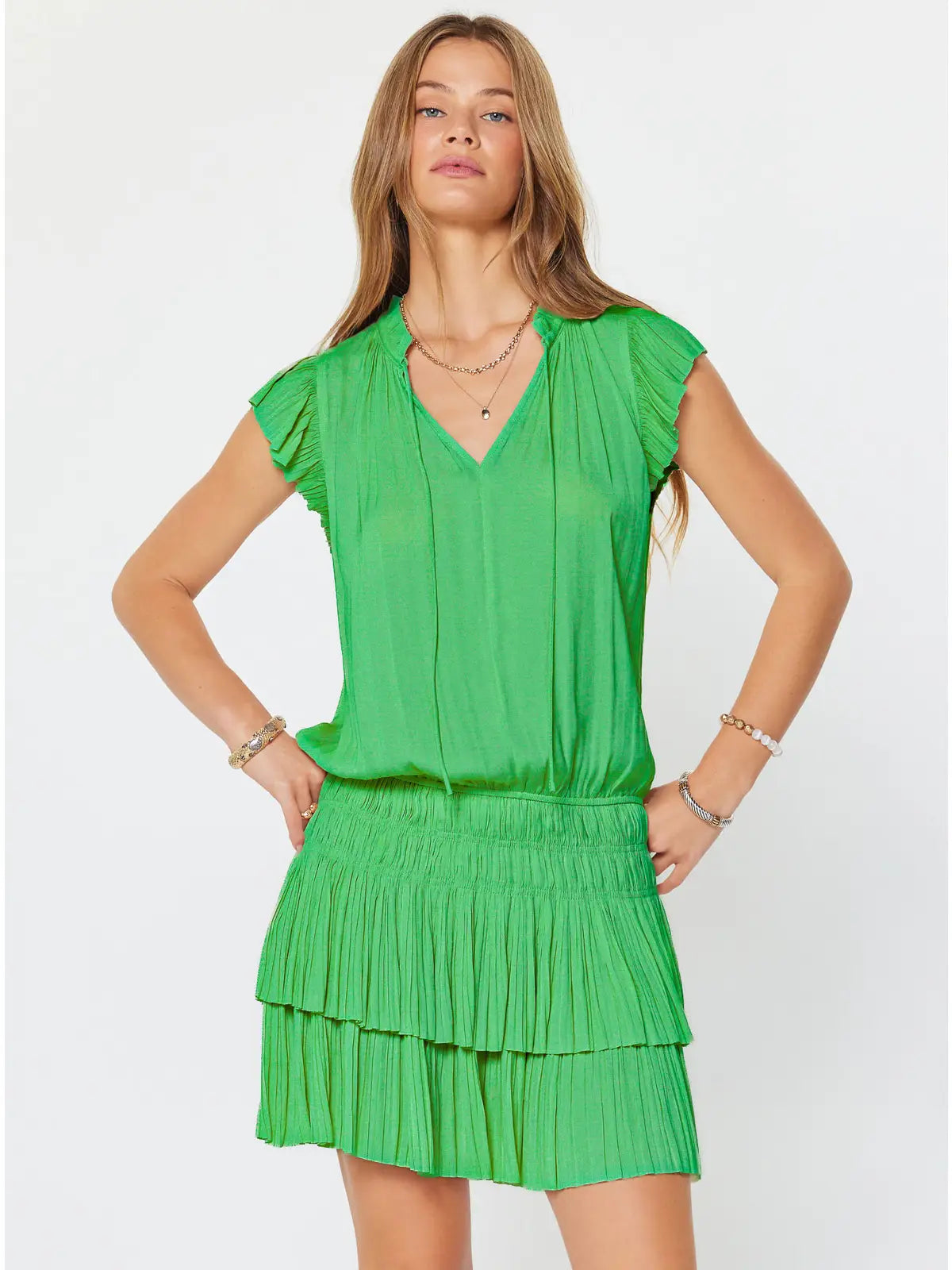 Green Satin Ruffle Sleeve Tiered Mini Dress with Smocked Waist
