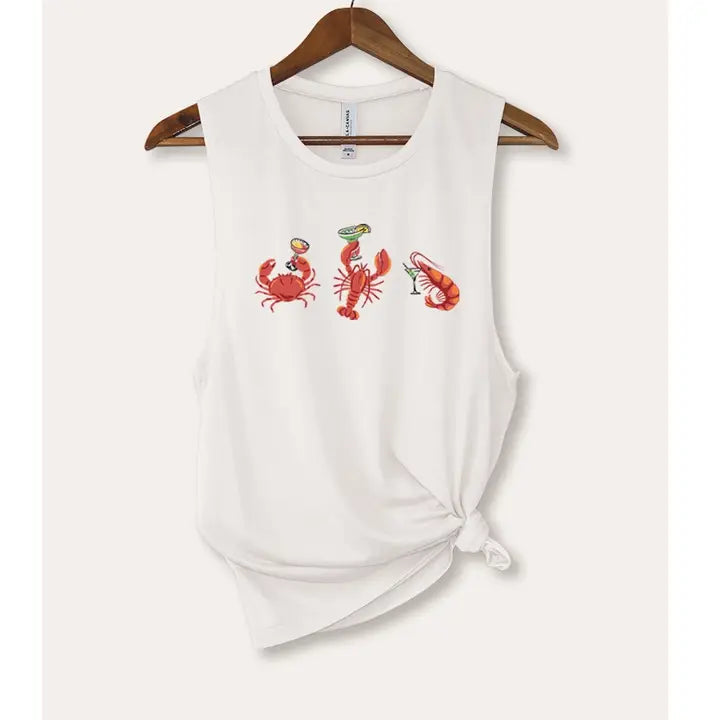 Lobster Graphic Tie-Front Sleeveless Tank in White