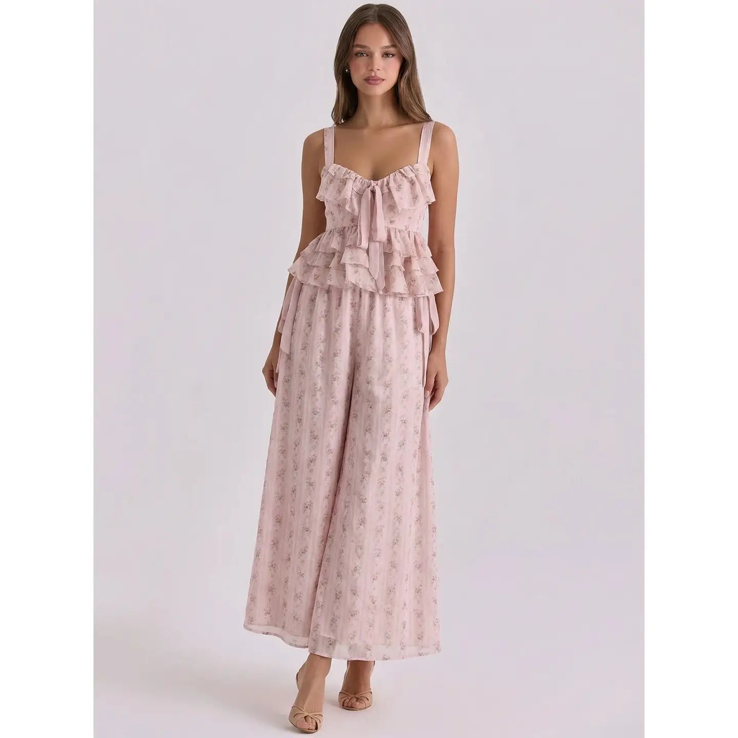 Blush Pink Floral Ruffle Top with Front Bow Tie Detail