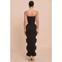 Black Strapless Cutout Floral Appliqué Maxi Dress