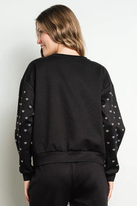 Crystal Heart Embellished Black Sweatshirt