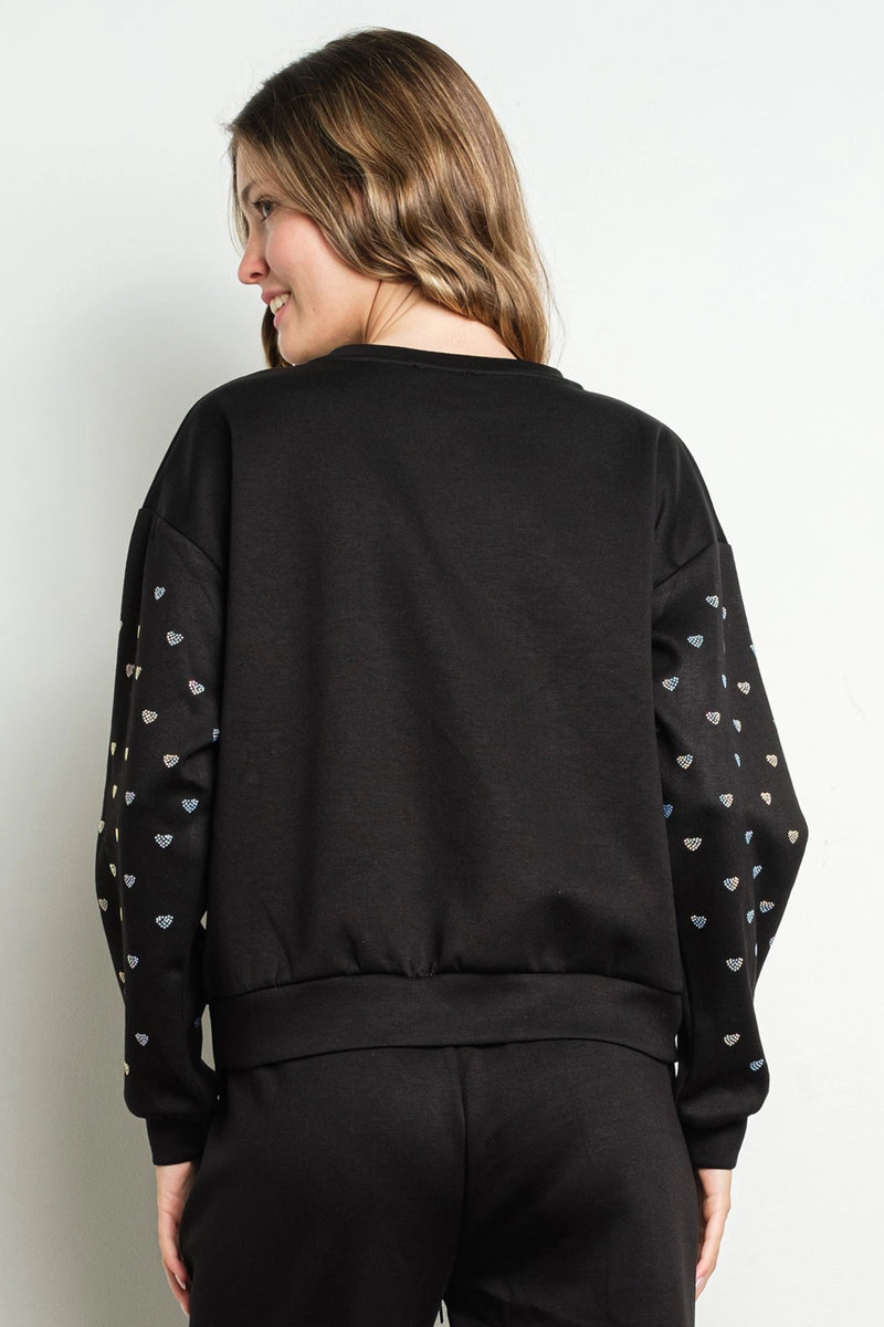 Crystal Heart Embellished Black Sweatshirt