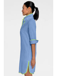 Button-Front Sky Blue Trimmed Short Shirt Dress