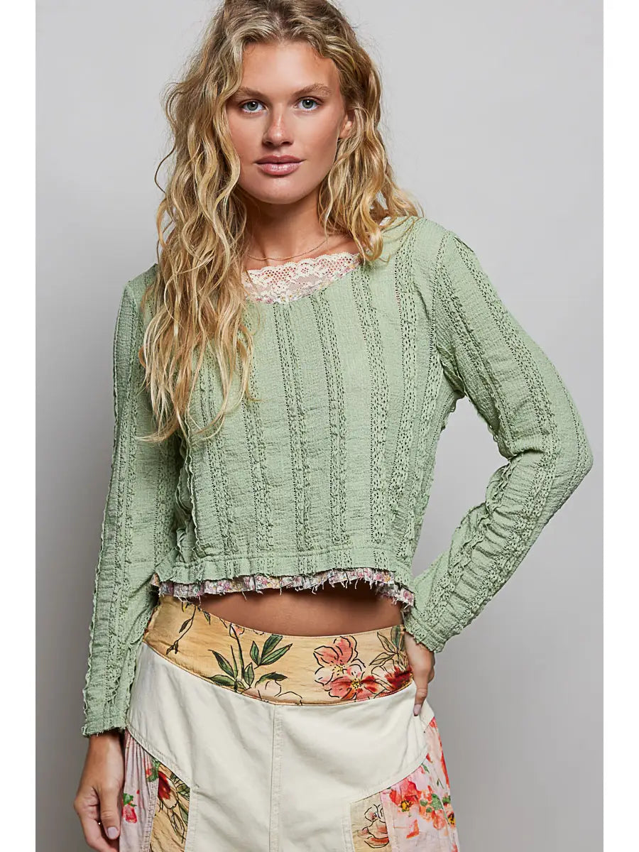 Green Textured Lace Trim Cropped Knit Top