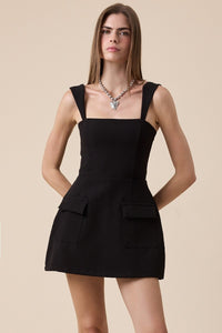 Black Structured Square Neck Mini Dress with Wide Straps