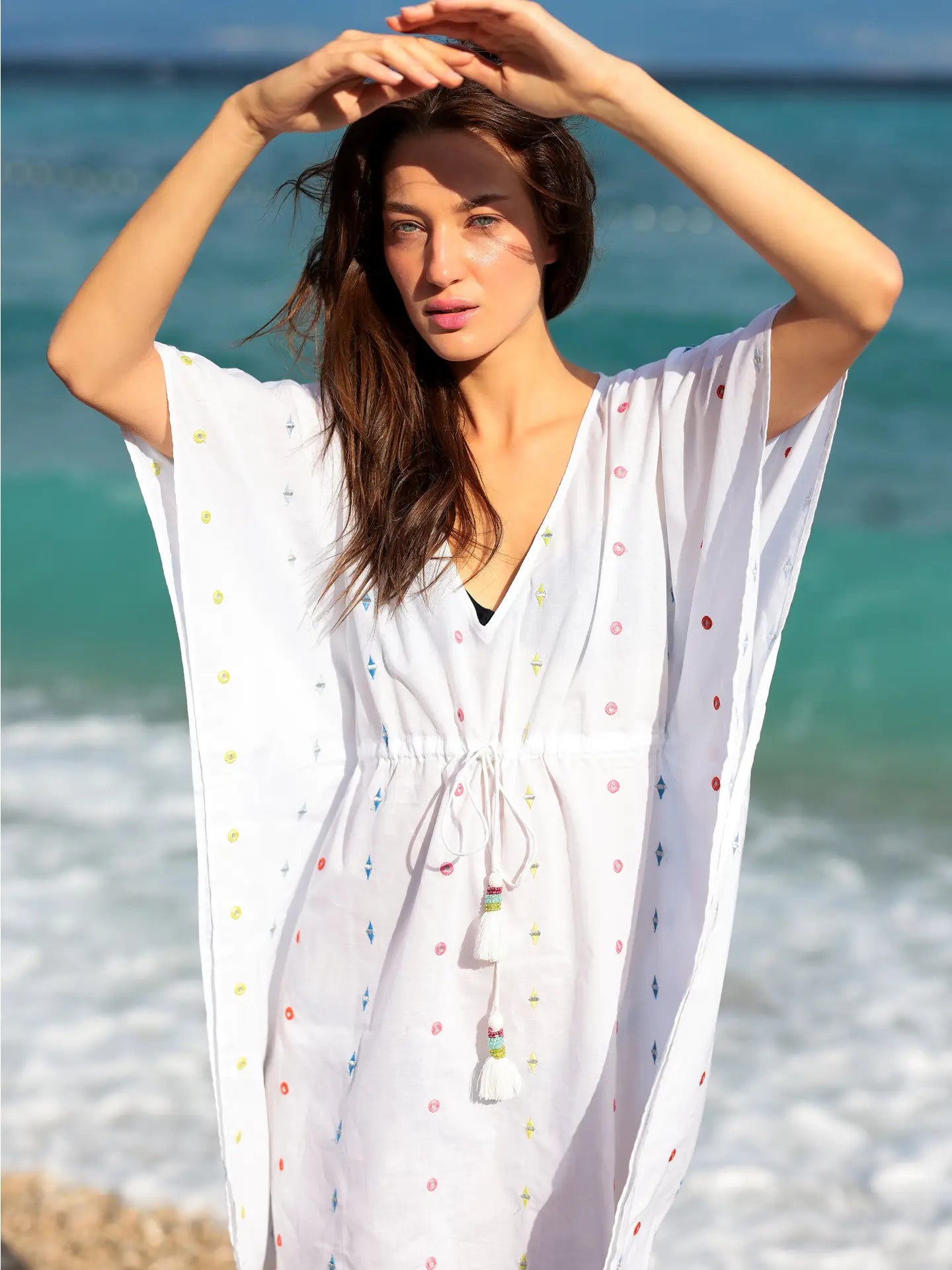 Multicolor Embroidered Tassel Tie Beach Cover-Up Kaftan