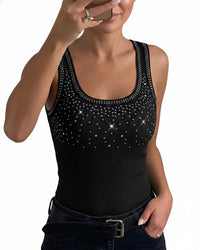 Ribbed U-Neck Tank Top with Rhinestones  Detail in Black