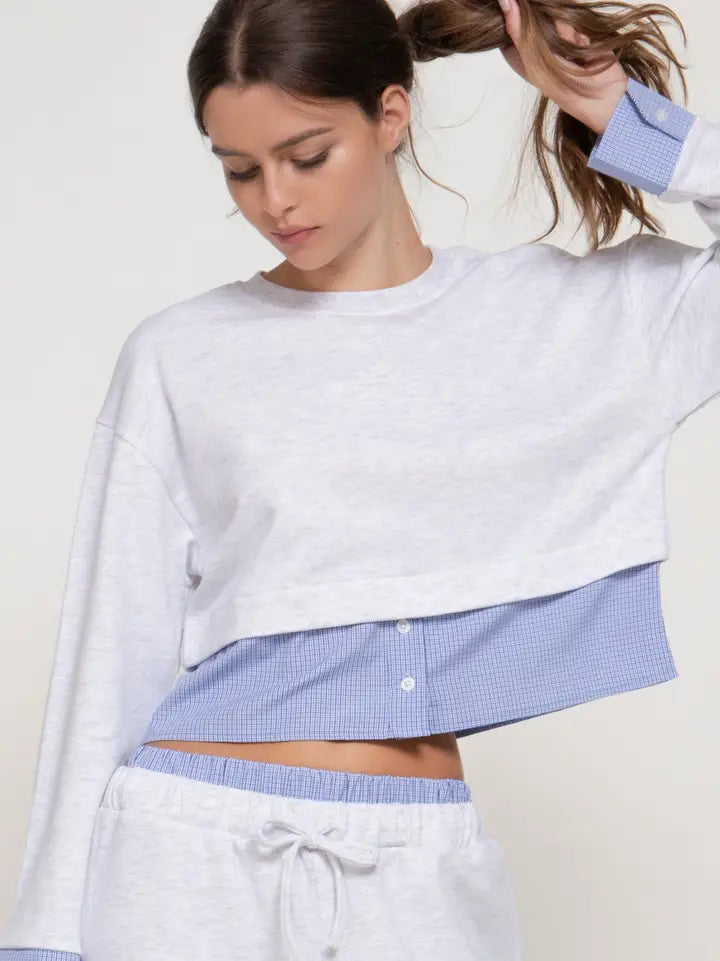 Layered Contrast Trim Cropped Long Sleeve Top
