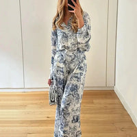 Toile Print Button Down Shirt and Wide Leg Pants Two Piece Set