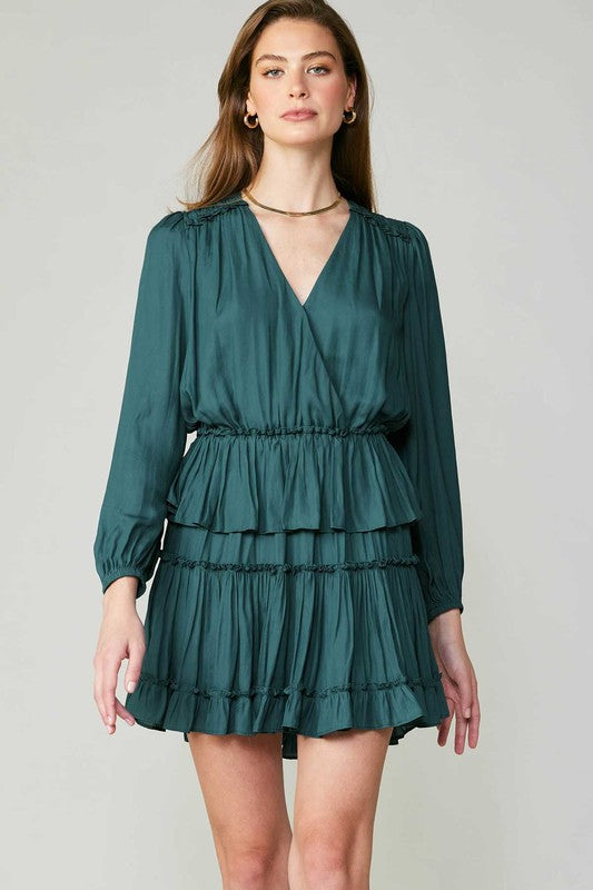 Emerald Green Pleated Tiered Mini Dress with Long Sleeves