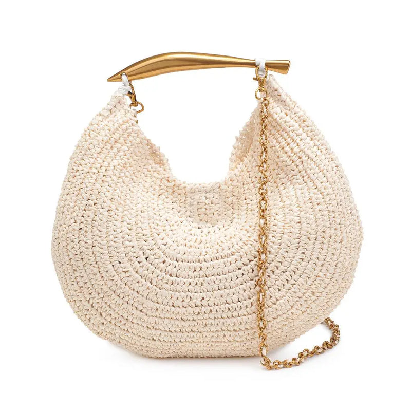 Chic Woven Hobo Bag with Gold Handle and Chain