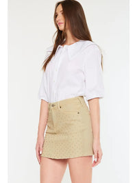 High Rise Studded Mini Skirt in Nude with Raw Hem
