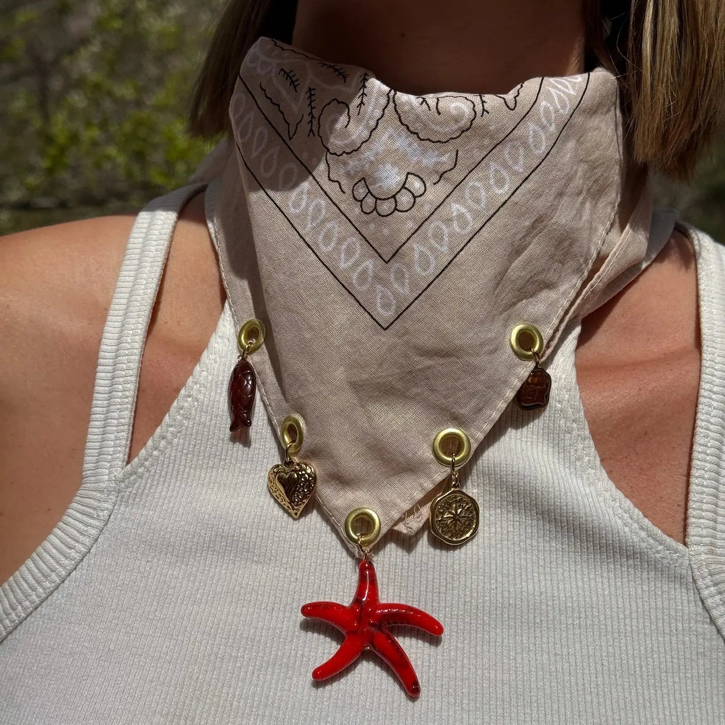 Beige Bandana Charm Coastal Statement Neck Scarf
