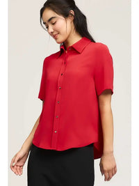 Red Button Front Short Sleeve Blouse