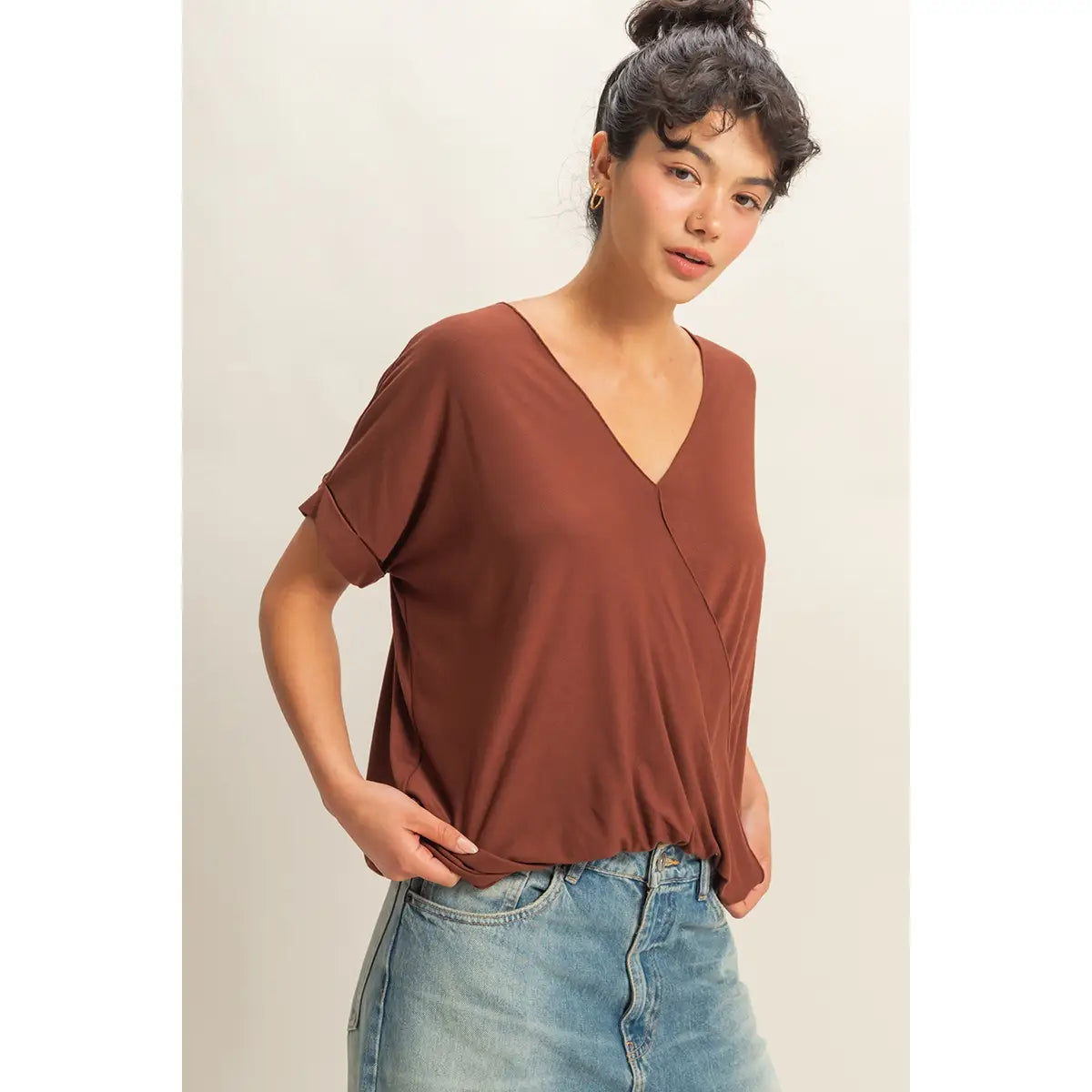 Brown Front Short Sleeve Blouse with Relaxed Fit