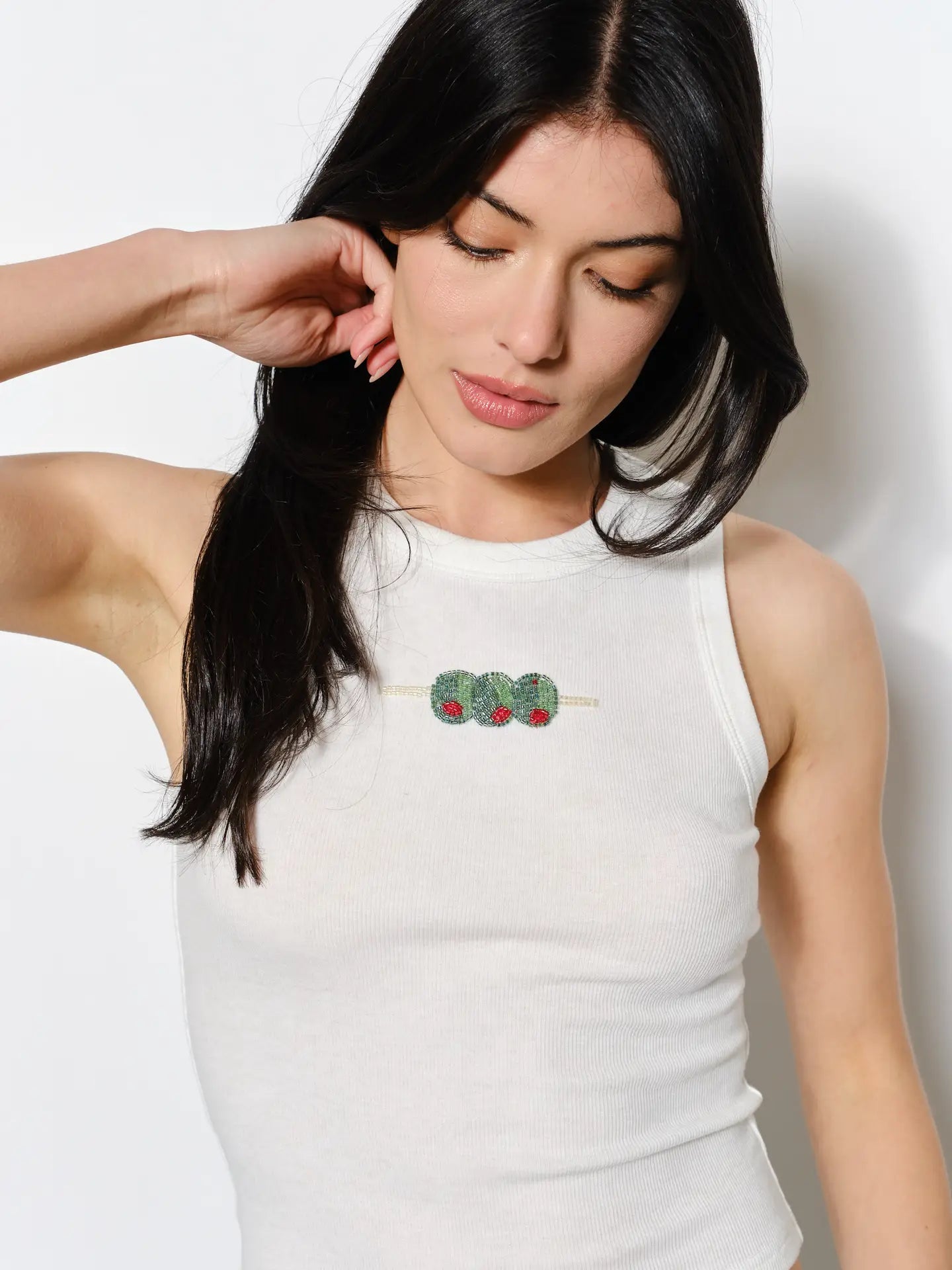 White Ribbed Tank Top with Beaded Olive Embroidery