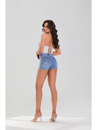 High Waist Rhinestone Lace Detail Denim Shorts
