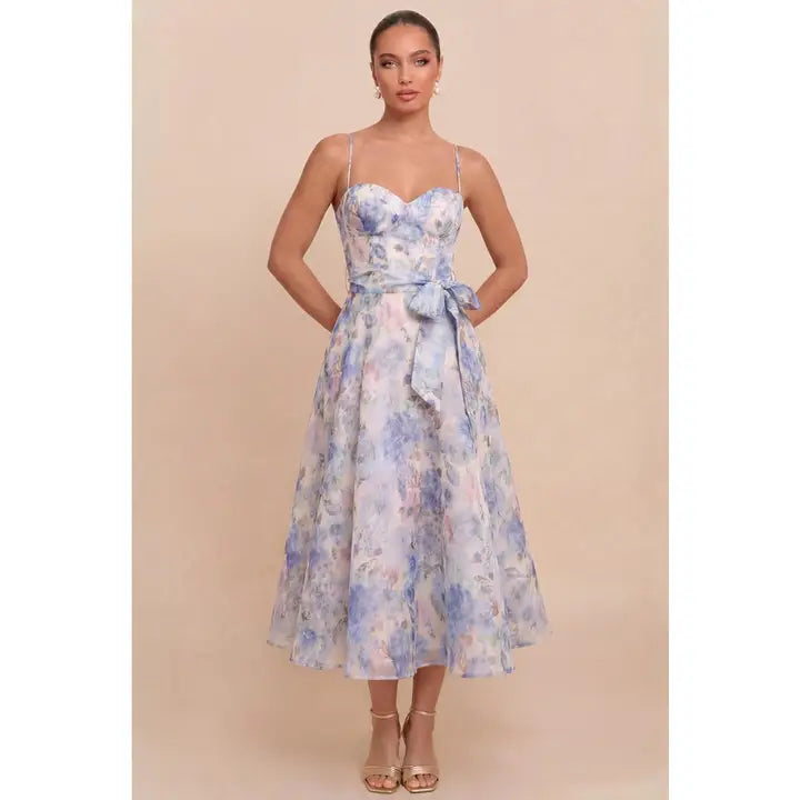 Watercolor Floral Sweetheart Midi Dress with Spaghetti Straps and Waist Tie