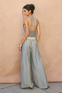 Striped Wide-Leg Pants with Smocked Waistband