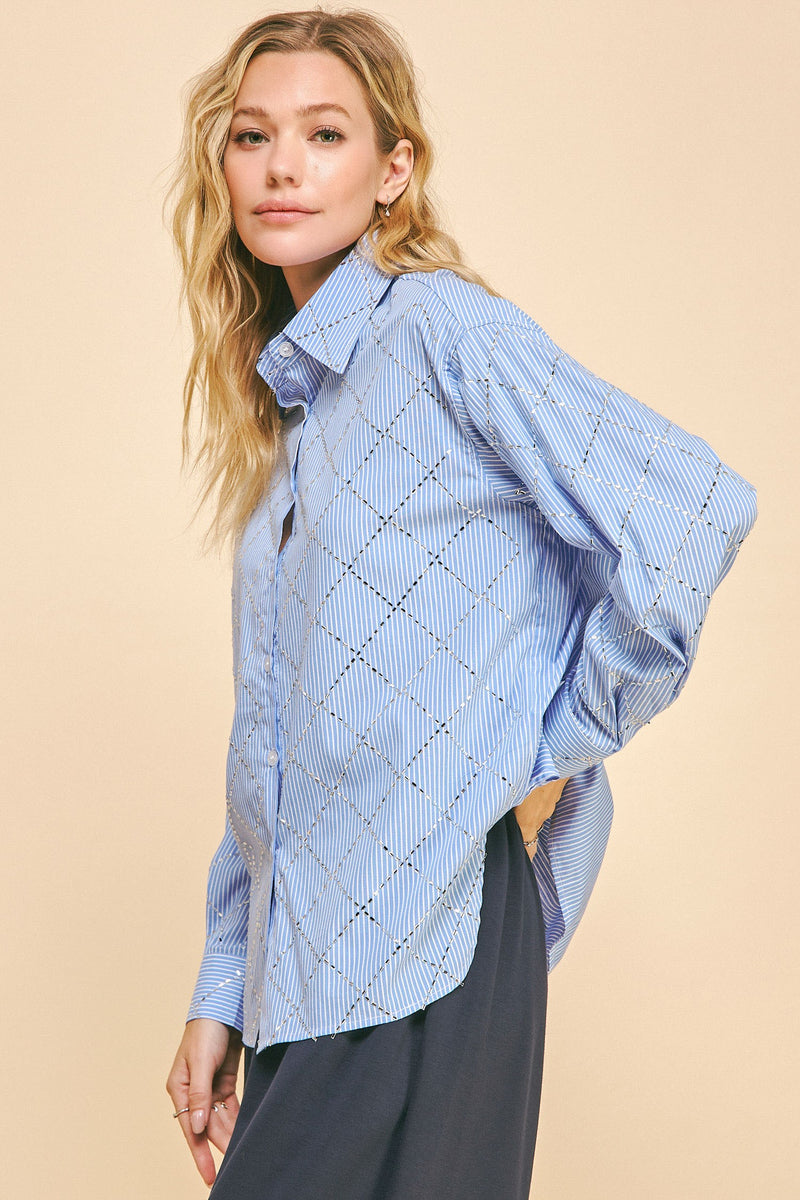 STRIPED LONG SLEEVE LOOSE FIT BUTTON DOWN SHIRT BLUE