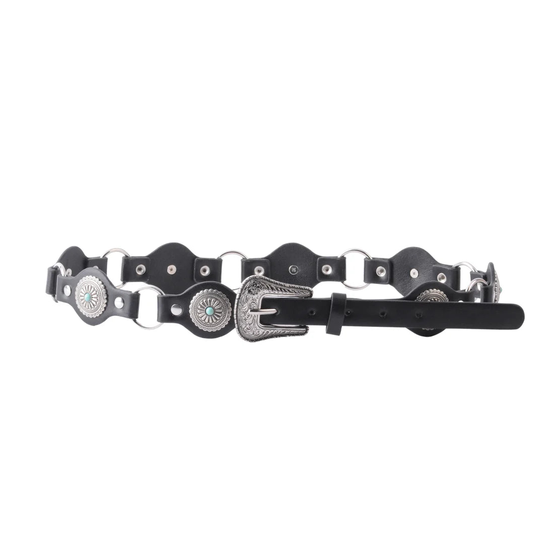 Black Concho Leather Belt with Silver Western Buckle