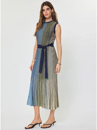 Colorblock Stripe Sleeveless Knit Midi Dress with Waist Tie